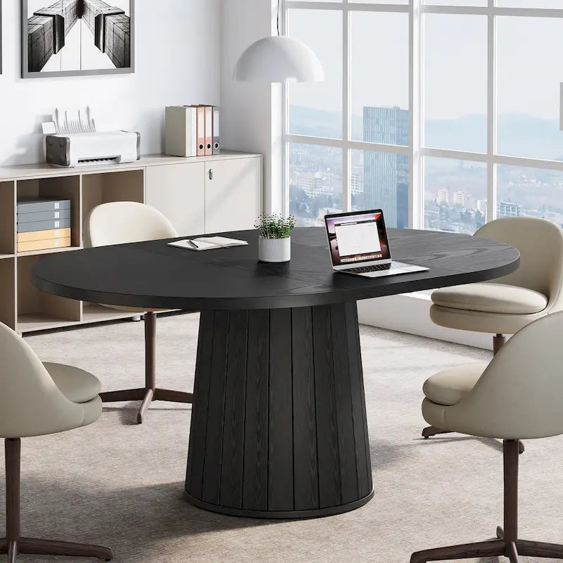 55.11 Inch Brown Wood Oval Conference Table with Wood Base for 6 People - N/A