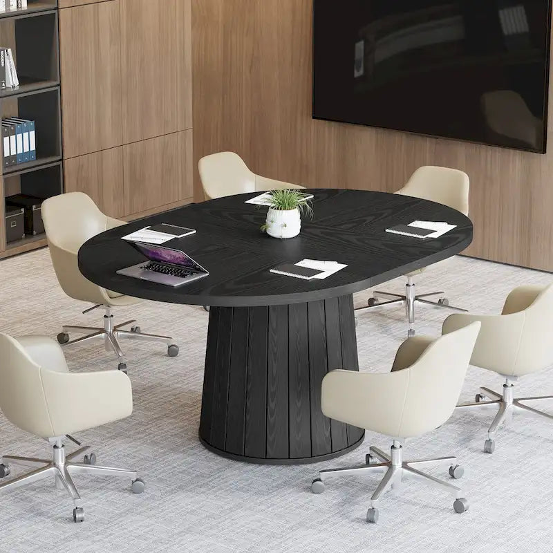 55.11 Inch Brown Wood Oval Conference Table with Wood Base for 6 People - N/A