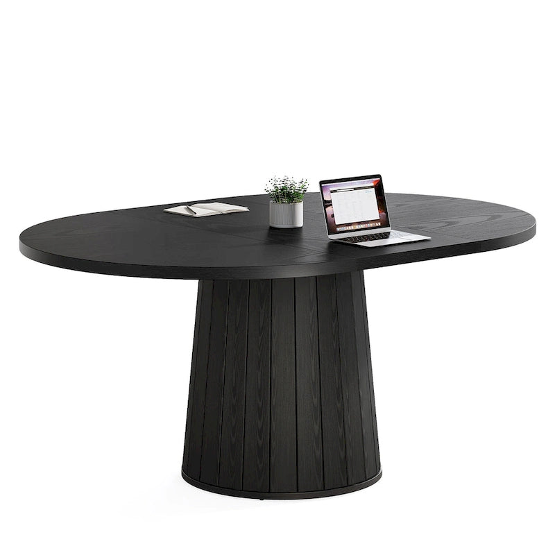 55.11 Inch Brown Wood Oval Conference Table with Wood Base for 6 People - N/A