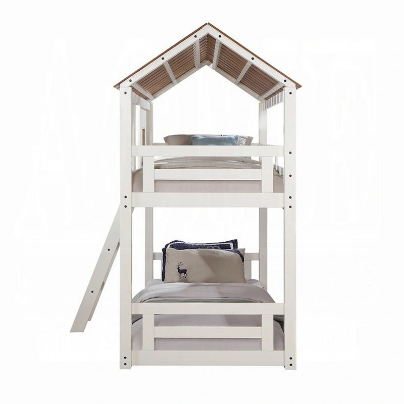 Wooden Twin Over Twin Bunk Bed in White and Rustic Oak