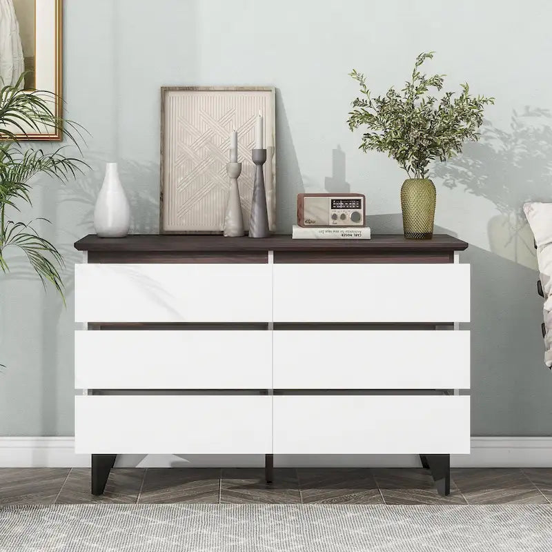 6-Drawer Double Dresser with Wide Drawers,White Dresser for Bedroom, Wood Storage Chest of Drawers for Living Room Hallway