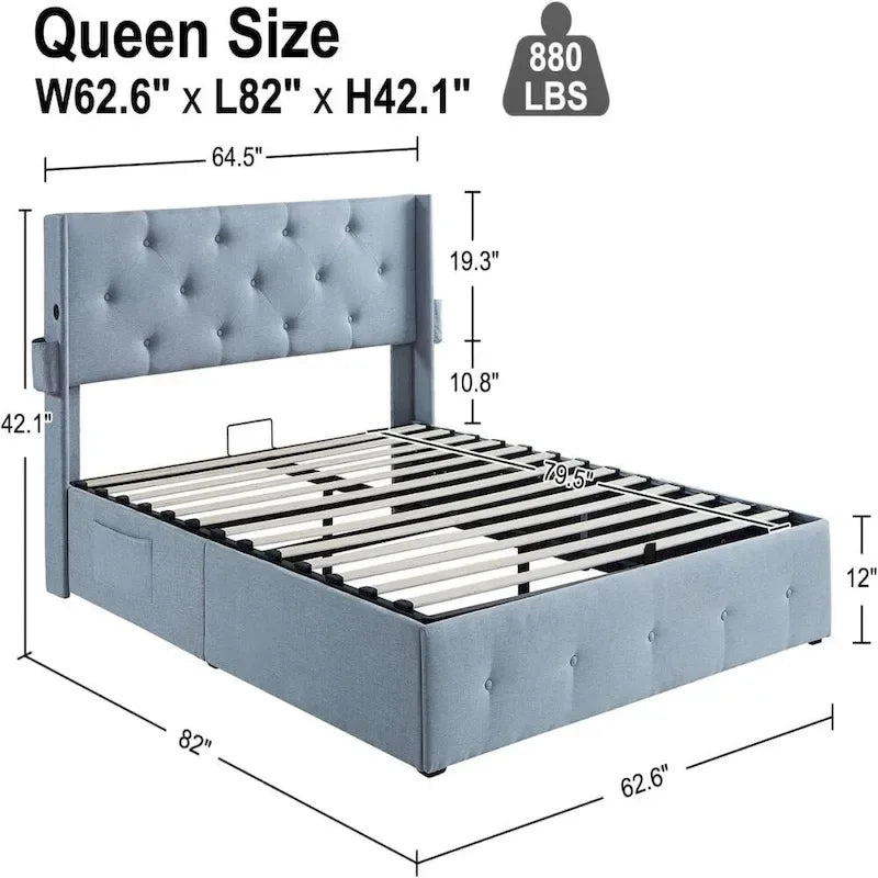 Full Size Bed Frame Gas Lift Upholstered Storage Bed
