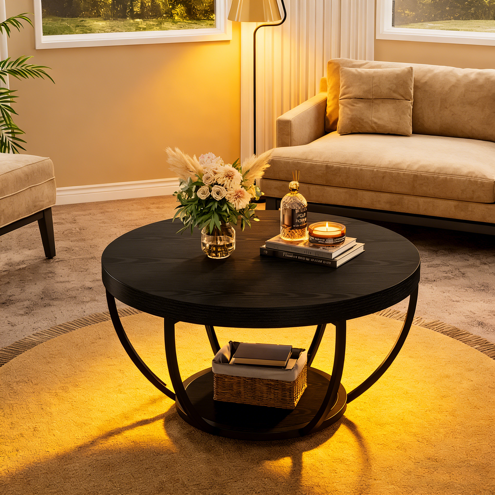 Wooden Coffee Table, 2-Tier Round Central Cocktail Table with Shelves