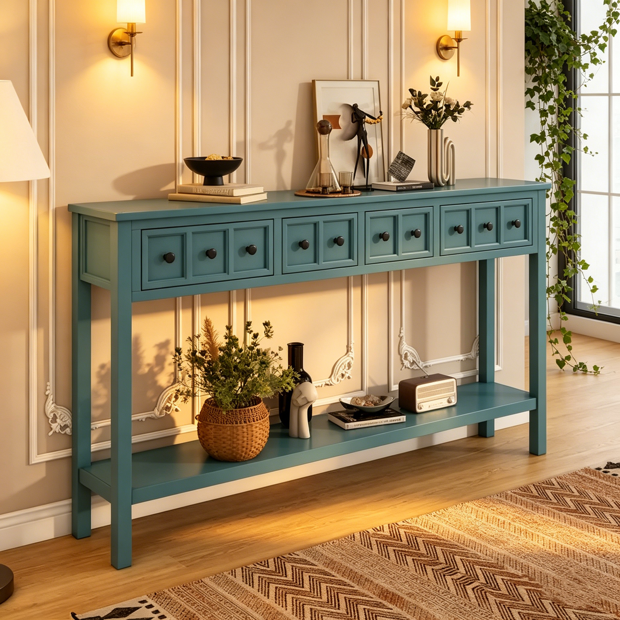 Turquoise Green Rustic 60 Pine Wood Console Table with 4 Drawers, Bottom Shelf, and Distressed Finish for Entryway